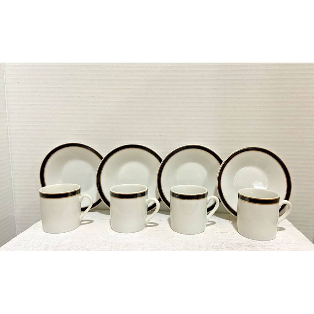 Hues ‘n Brews Demitasse/Espresso Cups & Saucers Set Of 4 Japan Black/Gold Trim